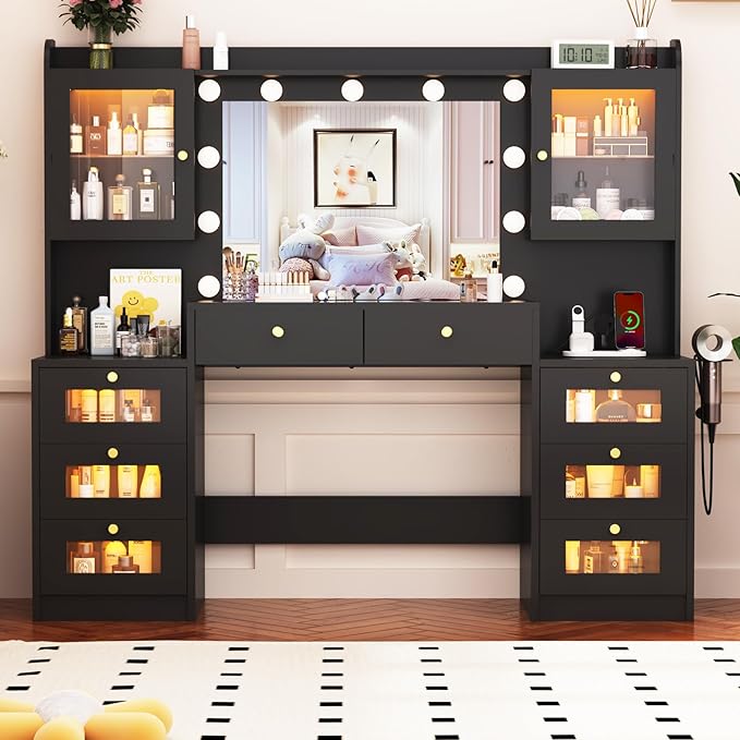 62" Large Makeup Vanity Desk with Mirror and Lights, Glass Top Vanity Table with Power Outlet & Lighted Glass Cabinet , 8 Drawers, Dressing Table with 3 Colors Lights for Bedroom Dressing Room, Black