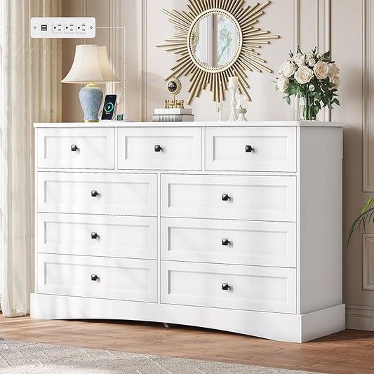 Hasuit White Dresser for Bedroom with 9 Drawers, 51.2" Large Drawer Dressers with Charging Station, Wide Farmhouse Dressers Chest of Drawers, Wooden Storage Tower Organizer, Dresser for Bedroom Closet