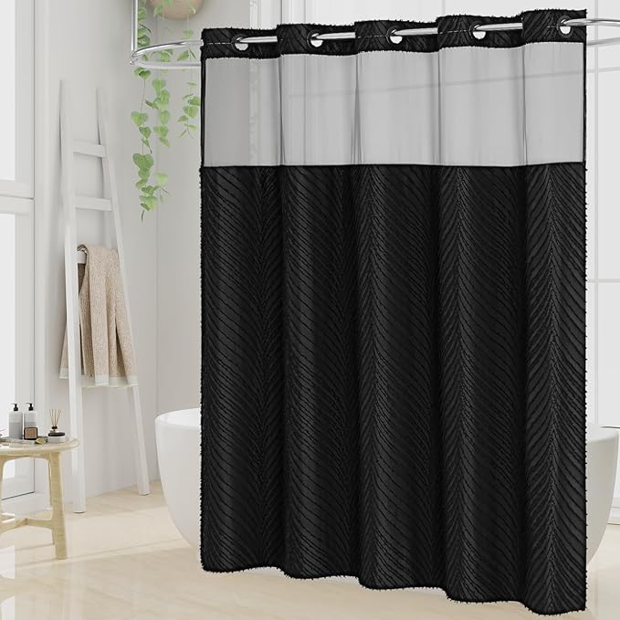 No Hook Black Boho Shower Curtain and Liner Set, Modern Fabric Shower Curtain with Snap in Liner, Hotel Style with See Through Top Window Shower Curtains for Luxury Bathroom Decor, 72x74