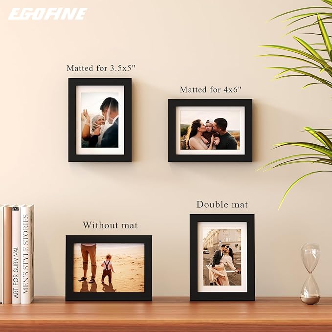 Egofine 5x7 Picture Frame Made of Solid Wood, Display Pictures 3.5x5/4x6 with Mat or 5x7 Without Mat Covered by Plexiglass for Table Top Display and Wall Mounting Photo Frame, Black