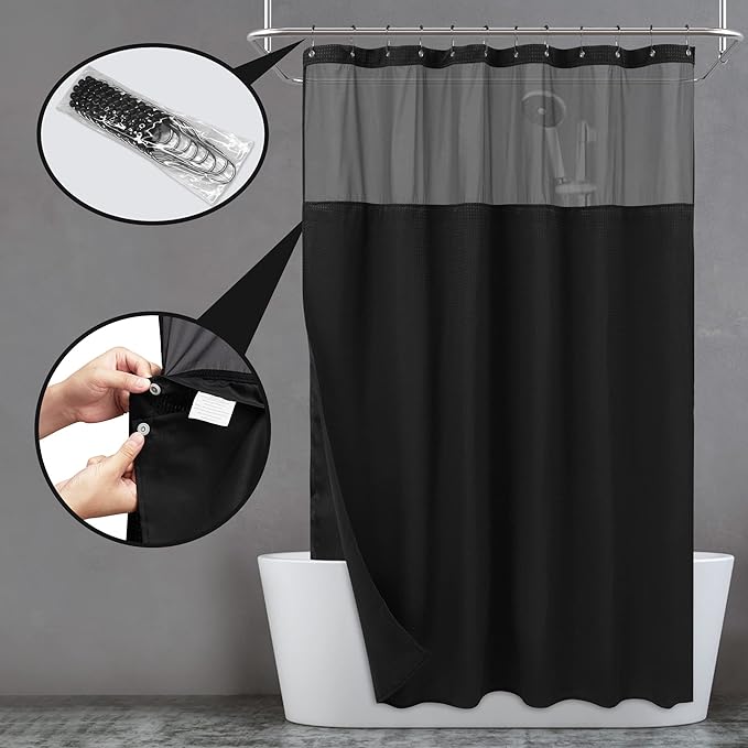 N&Y HOME Extra Long Waffle Weave Shower Curtain with Snap-in Fabric Liner Set, 12 Black Hooks Included - 71" x 84", Hotel Style, Mesh Top Window, Machine Washable & Water-Repellent - 71x84, Black