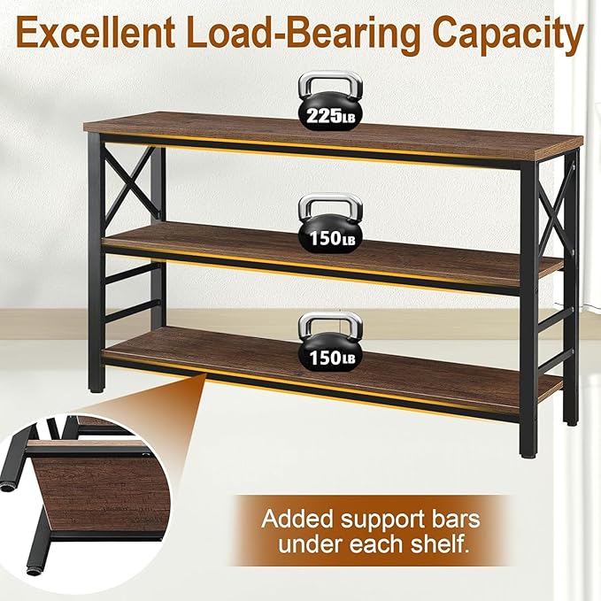 HOMBAZAAR Sofa Table,Industrial Console Table with Storage,Entryway Table with Engineered Wood and Metal,Rustic 3 Tier Shelf for Living Room,Hallway,Brown,55 Inch