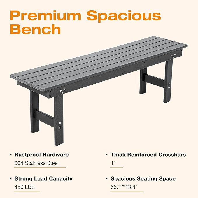 Patio Dining Set, All Weather HDPE Outdoor Dining Bench, Gray