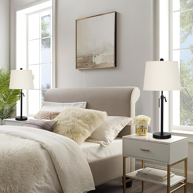 Bedside Table Lamps Set of 2: Tall Black Table Lamps for Living Room End Table | Height Adjustable 3-Way Dimmable Nightstand Lamp with Pull Chain Switch Modern Lamps for Bedroom Office(Bulbs Included)