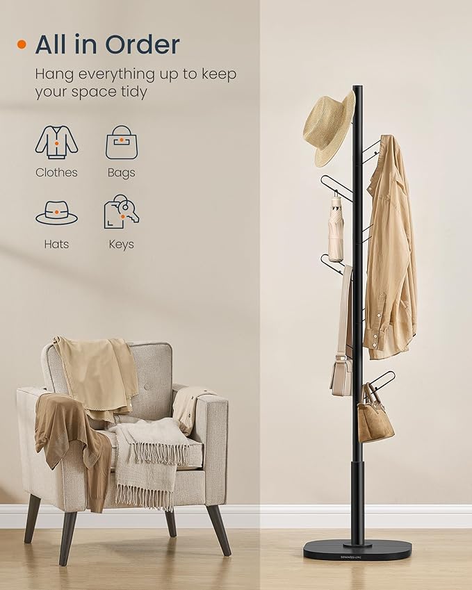 SONGMICS HOME Tree-Shaped Coat Rack, Freestanding, Stand with 8 Sturdy Hooks, with Curved Edges, 69 Inches Tall, for Clothes, Hats, Bags, Ink Black URCR037B01