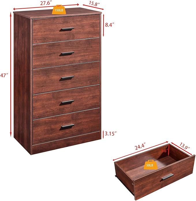 LIDYUK Dark Cherry Dresser for Bedroom, 5 Drawer Dressers & Chests of Drawers, Modern Wood Dresser, 47 Inches Tall Chest of Drawers for Bedroom, Hallway, Living Room