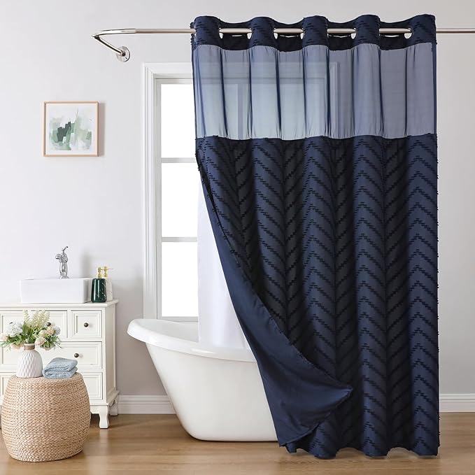 No Hook Tufted Chevron Striped Shower Curtain with Snap-in Fabric Liner set-71Wx74H(72H),Navy Blue Hotel Grade Boho Style Shower Curtain with See Through Top Window,Water Repellent
