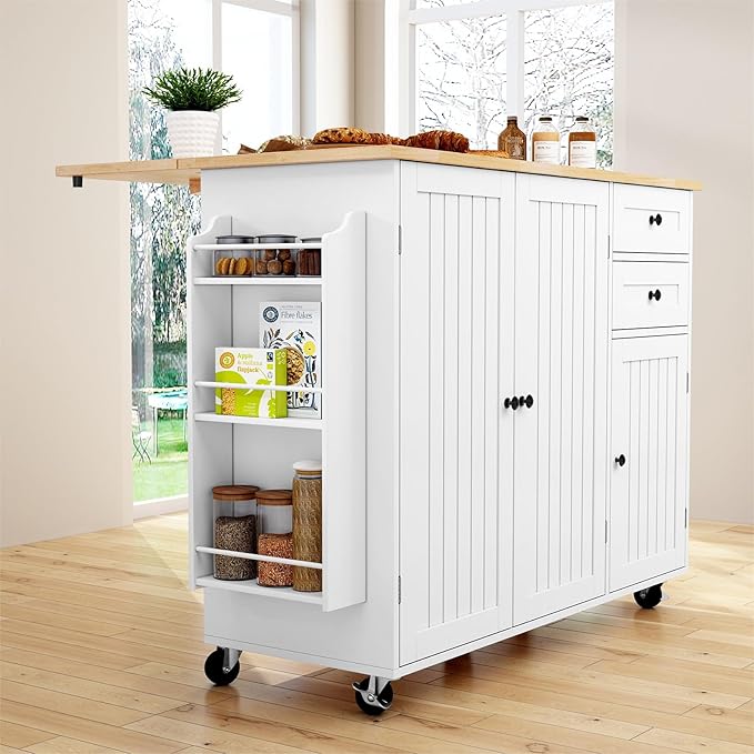 HLR Kitchen Island with Storage, White Rolling Kitchen Island on Wheels with Drop-Leaf Bar Countertop, Island Table for Kitchen with Side Open Spice Rack and Tower Rack, Extra Storage for Kitchen