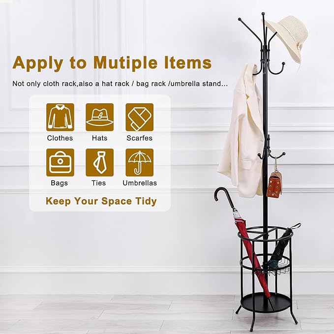 Metal Freestanding Coat Rack Stand with Umbrella Holder, 12 Hooks Coat Tree Black Modern Coat Hanger Stand for Coats, Hats, Scarves and Handbags for Entryway, Hallway, Bedroom, Office