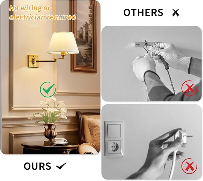 Battery Operated Wall Sconces Set of Two with Remote Control, Rechargeable Cordless Swing Arm Wall Lamp, Dimmable/3 Colors/9 RGB/Night Light/Timer, Gold Wireless Wall Sconces, No Hardwired