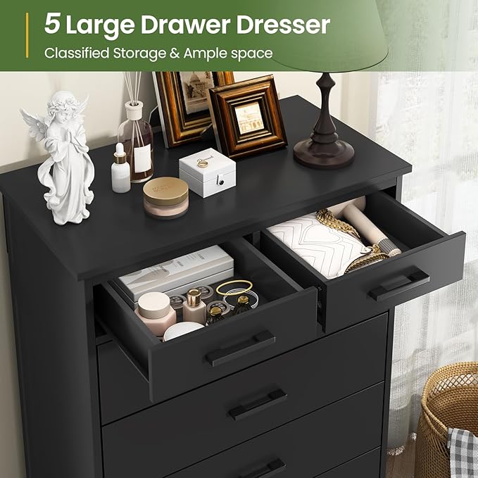 EPHEX Tall Dresser with 7 Drawers for Bedroom, Storage Tower Clothes Organizer, White Chest of Sturdy Pedestal, 27.6'' W x 15.8'' D 44.1'' H Black