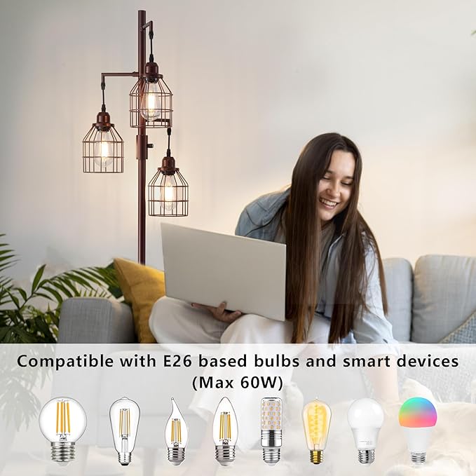 9MMML Floor Lamp for Living Room, Farmhouse Industrial Dimmable Floor lamp, 3 Lights Metal Cage Tree Standing Lamp,68", 3Pcs LED Bulbs Included
