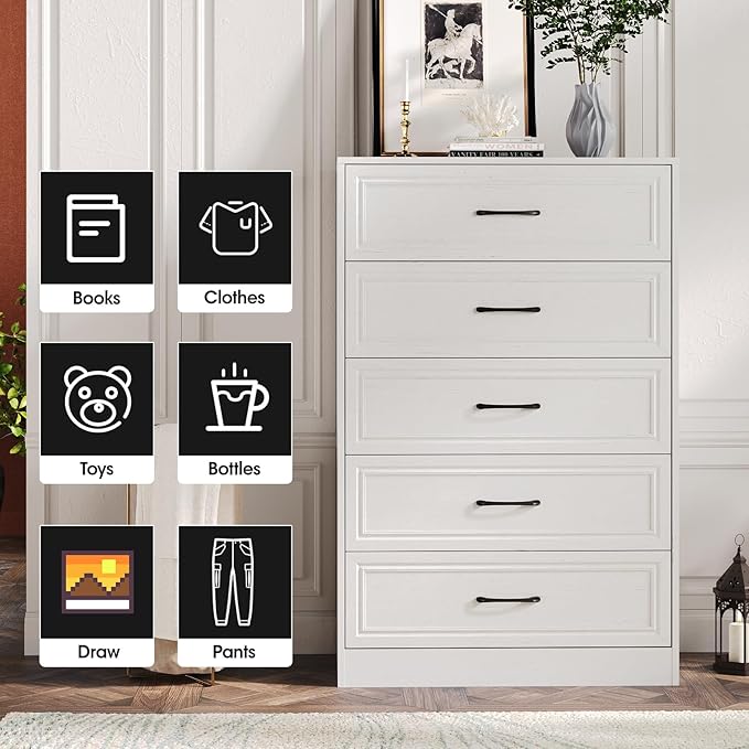 Fameill Dresser for Bedroom, 5 Drawer Tall Dresser Organizer, TV Stand for Livingroom, Chest of Drawers with Metal Handles, Woodgrain White