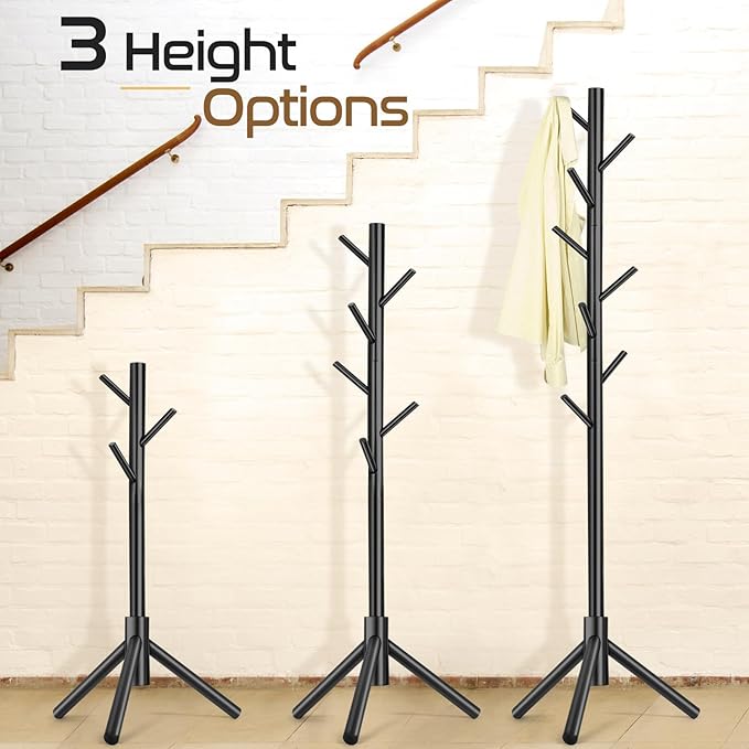2PCS Solid Wooden Coat Rack Freestanding, New Zealand Pine Coat Tree with 8 Hooks & 3 Adjustable Sizes for Coats, Hats, Handbags and Scarves, Space Saving for Entryway/Office/Bedroom (Black)