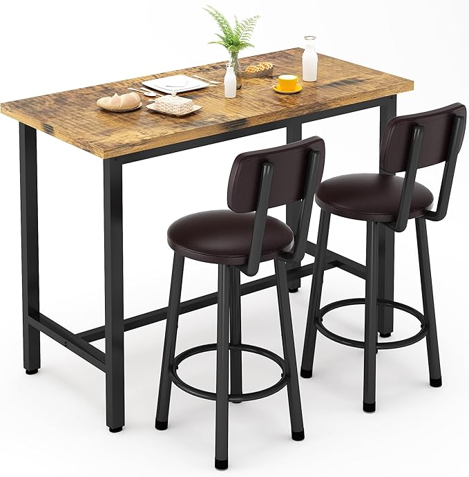 Recaceik 3 Piece Pub Dining Set, Modern bar Table and Stools for 2 Kitchen Counter Height Wood Top Bistro Easy Assemble for Breakfast Nook Living Room Small Space Restaurant, Rustic Brown 39”