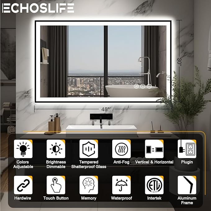 48x30 LED Bathroom Mirror - Black Aluminum Framed (Front and Backlit), Anti-Fog Lighted Vanity Mirror,Stepless Dimmable Lighted Mirror,3 Colors Smart Mirror(Horizontal/Vertical)