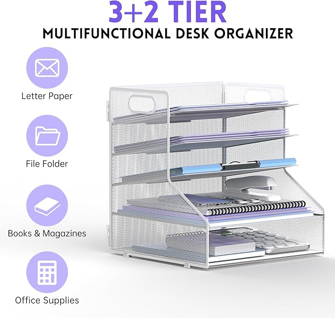 SUPEASY 5-Tier Desk File Organizer, Metal Letter Paper Tray, Desk Organizers and Accessories for Home Office Supplies, White