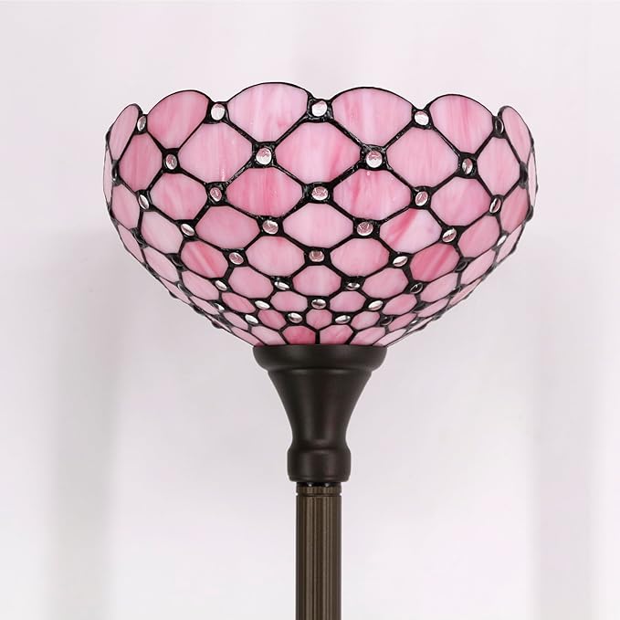 WERFACTORY Tiffany Floor Lamp Pink Stained Glass Pearl Bead Light 12X12X66 Inches Torchiere Standing Corner Torch Uplight Decor Bedroom Living Room Home Office S005P Series