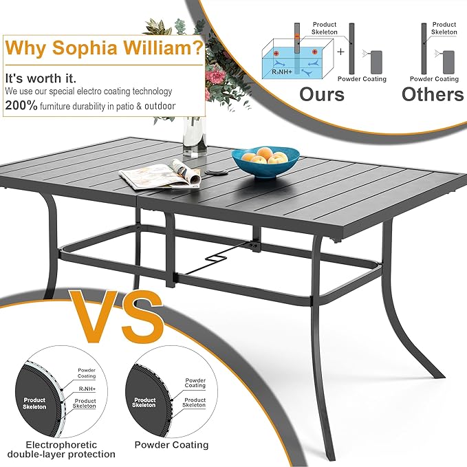 Patio Outdoor Table and Chairs Set with Umbrella Navy, Patio Dining Sets for 6, 7 Pieces Patio Table Set Clearance for Backyard Deck Porch Outside, Metal Table with Hole & Cushioned Rattan Chairs