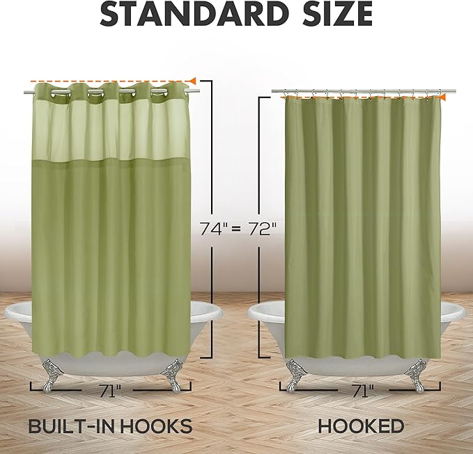 No Hook Slub Textured Shower Curtain with Snap-in PEVA Liner Set - 71" x 74"(72"), Hotel Style with See Through Top Window, Fabric Outer Curtain & Waterproof Inner Liner, Sage, 71x74