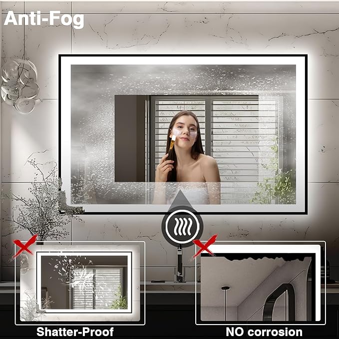 57x36 LED Light Mirror for Bathroom - Black Framed Mirror (Front and Backlit), Anti-Fog Bathroom Vanity Mirror, Stepless Dimmable Lighted Mirror, Tempered Glass, Memory (Horizontal/Vertical)