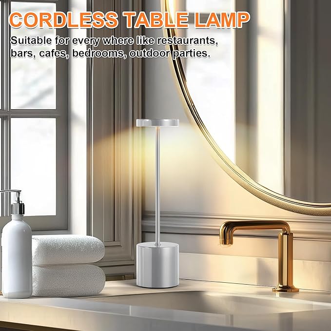 Rechargeable Table Lamp – 2 Pack Touch Lamps, Cordless Desk Lamp, 5000mAh Battery Operated Lamp with 3-Color Dimmable Light, Portable LED Lamp for Bedroom, Dining Room, Patio, Outdoor (Silver)