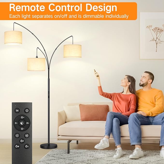 OUTON Arc LED Floor Lamp with Remote & Touch Control, Dimmable Modern Black 3 Light Arched Tall Floor Lamp, Mid Century Adjustable Standing Corner Lamps for Bedroom, Office, Living Room