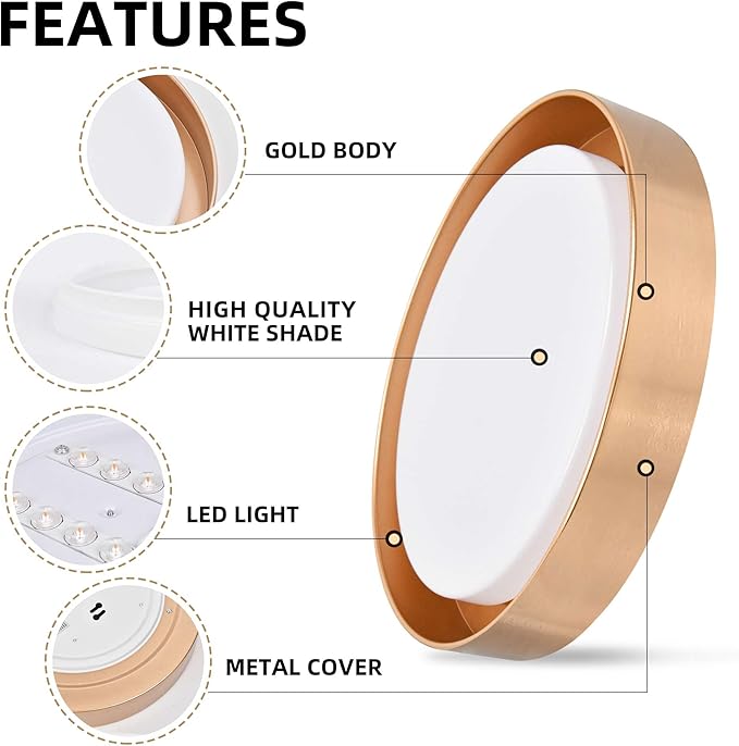 Hlite 13 inch Ceiling Light Fixture,Gold LED Flush Mount Ceiling Light, 3000K/Warm White/24W,Dimmable 1920LM Indoor Room Decorative Modern Ceiling Lights for Bedroom Kitchen(2 Pack)