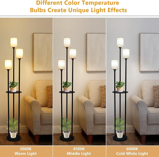 Floor Lamp with Shelves, Modern Floor Lamps for Living Room, 3-Lights Standing Lamp with Linen Shade and Foot Switch, Industrial Standing Lamps for Bedroom, Black Tall Table Lamp for Office