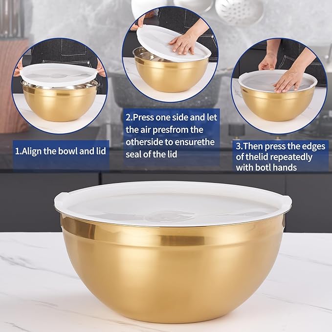 Gold Mixing Bowls with Airtight Lids, Stainless Steel Nesting Mixing Bowls Set of 7, Ideal for Baking, Prepping and Serving Food, Size 7, 3.6, 2.7, 2.1, 1.5, 1.1,0.8 QT, Stackable Design