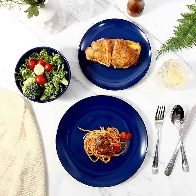 TP 18-Piece Dinnerware Set, Melamine Dishes Set with Bowls and Plates, Service for 6, Non-breakable Lightweight Dining Tableware, Blue and Black