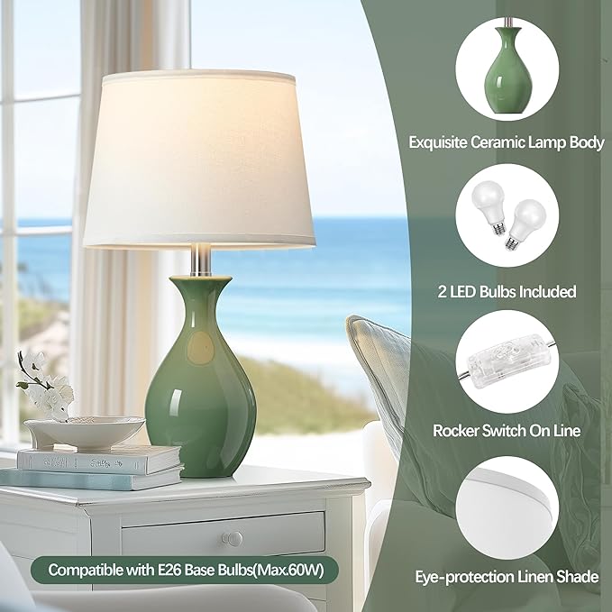 PARTPHONER Table Lamp Set of 2, Modern Ceramic Bedside Lamps for Night Stands, Classic Small Lamp Nightstand Lamp for Bedroom Living Room Desk End Table Rocker Swtich Sage Green