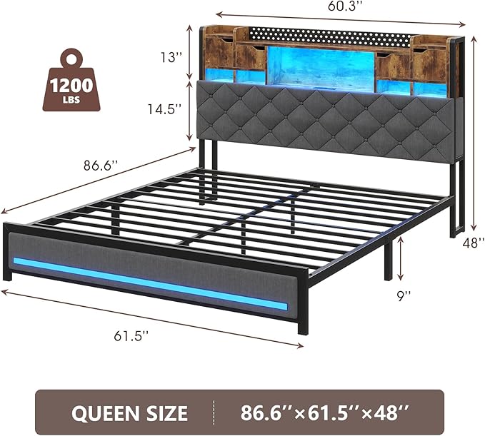 King Size Bed Frame with Upholstered Storage Headboard, King Bed Frame with Smart LED Lights, Camas King Bed with Charging Station,Noise-Free, Metal Support, No Box Spring Needed, Gray