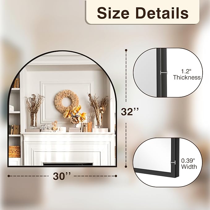 FICTOR Bathroom Vanity Mirror for Wall,32”x30” Arched Metal Framed Bathroom Mirror for Over Sink,Entryway,Living Room,Bedroom(Black)