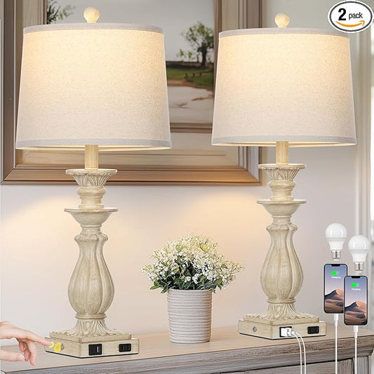 28" Farmhouse Table Lamps Set of 2 for Living Room, 3 Way Dimmable Bedside Lamp with USB C+A Ports & AC Outlet, Resin Vintage Tall Nightstand Lamps for Bedroom Office Hallway, Beige