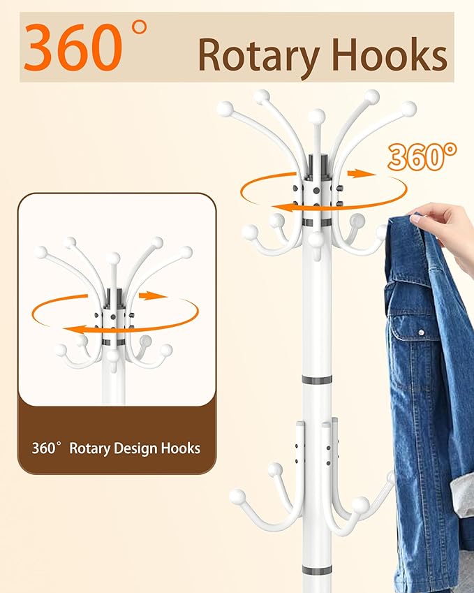 EZIVIEZ Modern Coat Rack Stand, Metal Freestanding Coat Rack with Natural Marble Base, Coat Racks with Umbrella Holder,Coat Hanger Stand with 12 Hooks for Office, Entryway (White-360° Rotary 14 Hooks)