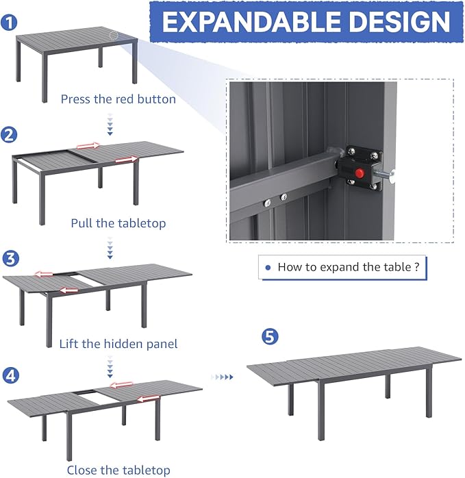 SUNSITT 9-Piece Outdoor Patio Dining Set, 63" - 105" Aluminum Expandable Outdoor Dining Table Set for 8, 8 Stackable Chairs with Gray Removable Cushions