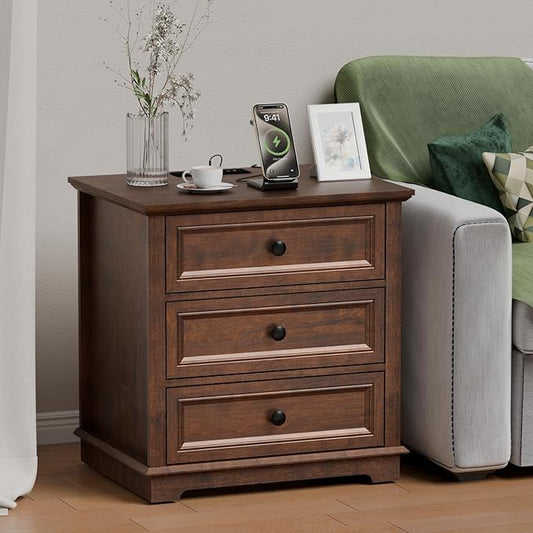 3 Drawer Dresser, Chest of Drawers with Charging Station, 24” Wide End Table with 3 Drawers, Modern Bedside Table with Storage, Wooden Small Dresser. (Cherry)