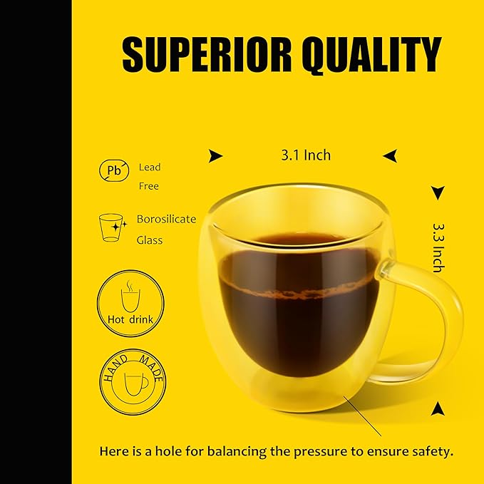 PunPun 8.5oz/250ml Espresso Cups, Double Wall Insulated Glass Cups, Set of 2