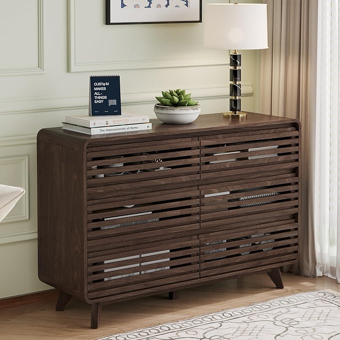 Fluted Dresser for Bedroom, Wide 6 Drawers Dresser, Chests of Drawers with Grille & Curved Design, Dressers Slides Pre-Installed, Large Wood Drawer Organizer for Bedroom Hallway, Dark Walnut