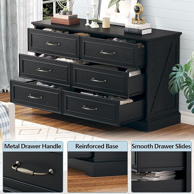 Dresser for Bedroom with 6 Drawer, Farmhouse Dresser for Closet, 47'' Wide Rustic Wooden Chest of Drawers with Natural Wood Texture, Vintage Storage Organizer for Living Room, Hallway, Black