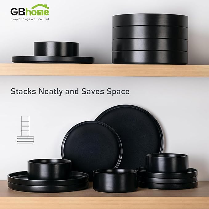 GBhome Ceramic Dinnerware Sets for 6, Matte Stoneware Plates and Bowls Sets,Chip and Scratch Resistant Dishes, Dishwasher & Microwave Safe, Oven safe,Reactive Glaze-Black