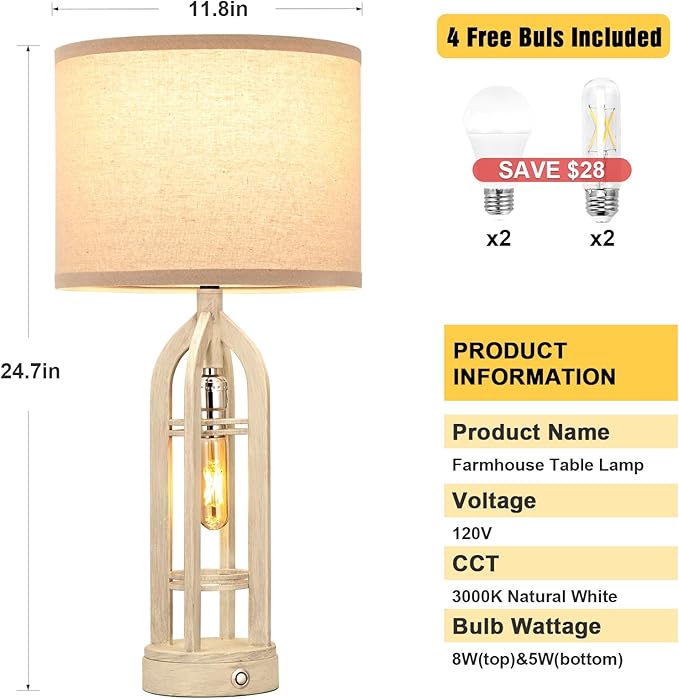 Seealle Table Lamp for Living Room Set of 2 - White Bedside Lamp for Bedroom with USB C+A & Outlet, Farmhouse Lamps for Night Stands, 3-Way Dimmable Touch Lamps for Living Room