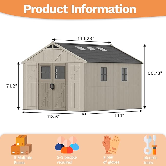Devoko 10 x 12 FT Plastic Outdoor Storage Shed with Windows, Resin Tools Shed with Floor Large Storage Garden Shed for Patio,Garden, Backyard, Lawn, Beige