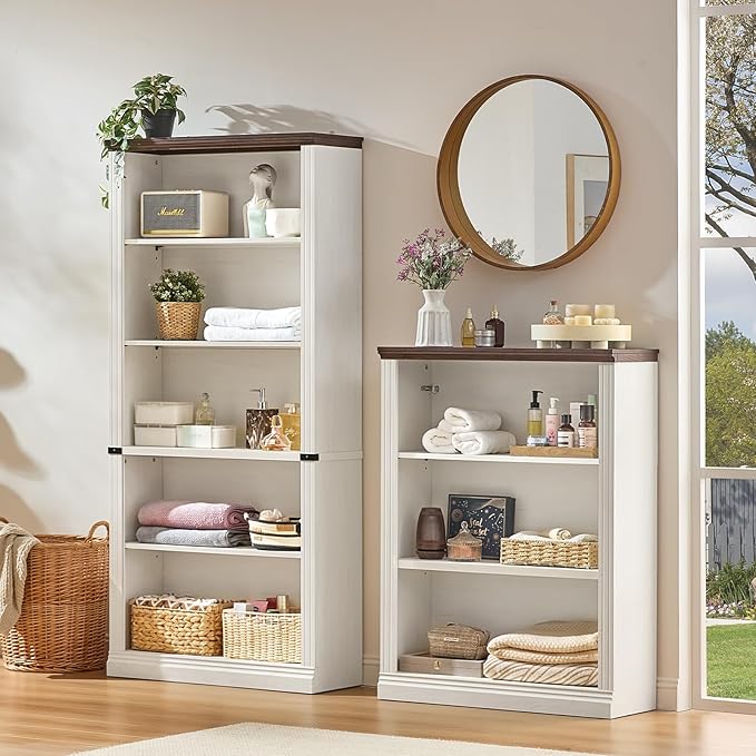 70" White Tall Bookshelf Set of 4,5-Tier Thick Wooden Book Shelf with Adjustable Shelves,Free Standing Farmhouse Bookcase with Open Display Storage,Floor Vintage Bookshelves for Living Room