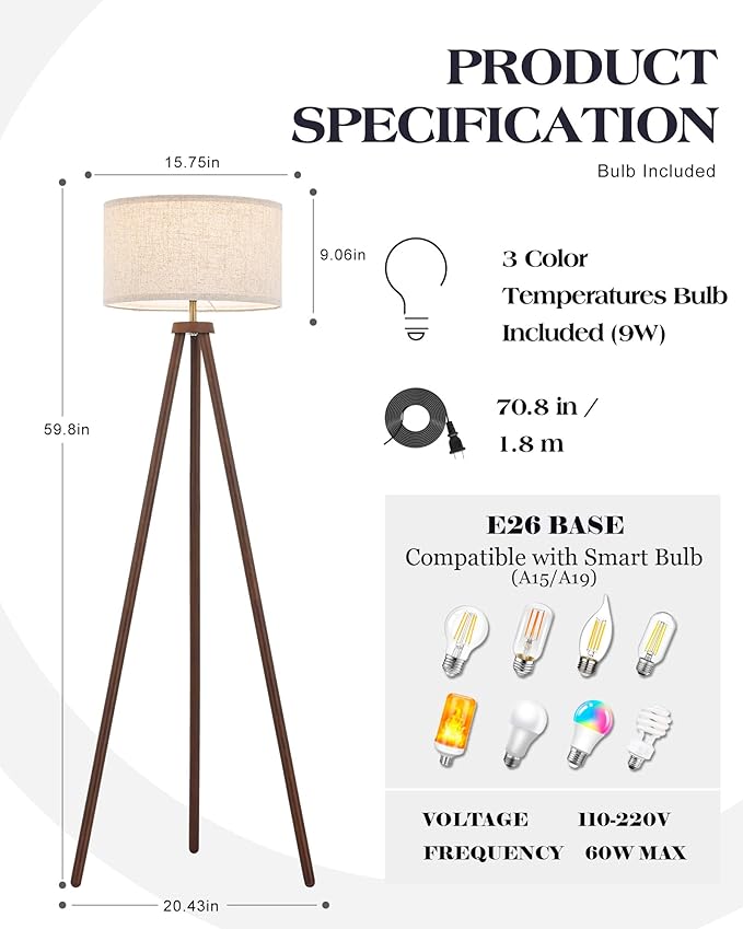 ELYONA Wood Tripod Floor Lamp Brushed Brass Metal & 3 Color Temperatures LED Bulb Vintage Wooded Standing Lamp Industrial Tall Light for Living Room Bedroom Office Beige Linen Shade Dark Brown & Gold