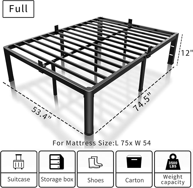 ROIL 12 inch Full Size Bed Frame with Headboard Hole and Round Corner Legs Mattress Retainers 3500LBS Heavy Duty Steel Slats No Box Spring Needed Platform Noise-Free Underneath Storage