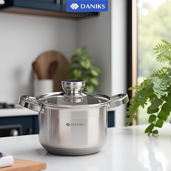 Daniks Standard Stainless Steel Stock Pot with Glass Lid – Induction 2 Quart, Dishwasher Safe, Measuring Scale, For Soup, Pasta, Stew, Silver