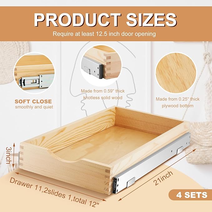 Sintuff 4 Set Wooden Pull out Tray Cabinet Organizer Soft Close Roll out Shelves for Kitchen Cabinets Fully Assembled Slide Pantry Shelves(12'' X 21'')