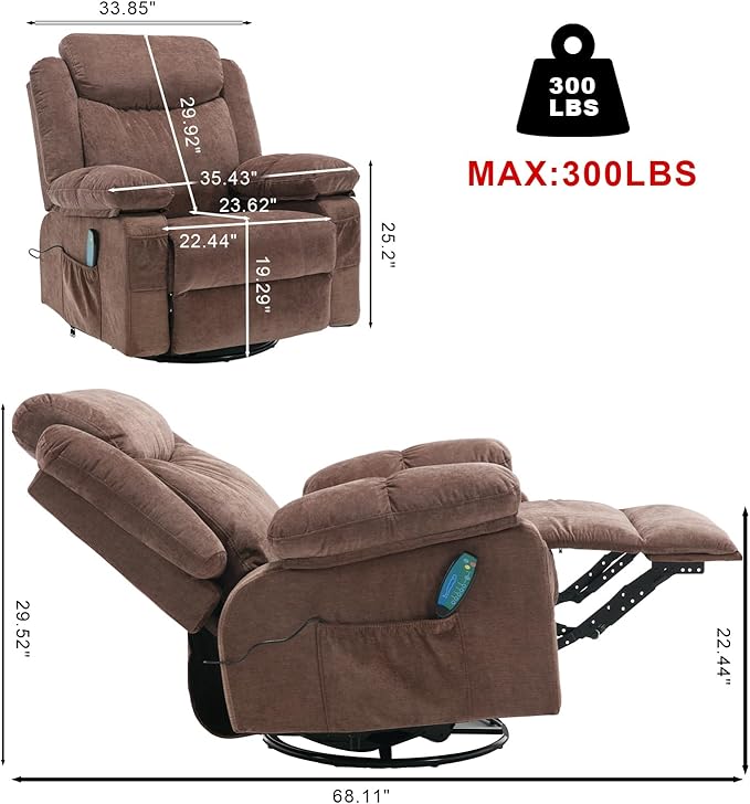 Overstuffed Rocker Recliner Chair with Massage and Heat, Oversized Reclining Swivel Single Sofa, Fabric Rocking Manual Home Theater Recliners Lounge Chairs for Adults Living Room